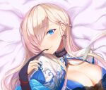  1girl ainrichman azur_lane belfast_(azur_lane) belfast_(iridescent_rose)_(azur_lane) black_gloves blue_eyes braid breasts broken broken_chain center_opening chain cleavage commentary earrings eyebrows_visible_through_hair french_braid gloves hair_over_one_eye jewelry large_breasts long_hair official_alternate_costume partially_fingerless_gloves silver_hair upper_body 