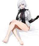  1girl absurdres bangs barefoot black_gloves breasts dokomon elbow_gloves feet girls_frontline gloves highres jacket large_breasts purple_eyes rpk-16_(girls_frontline) short_hair short_sleeves silver_hair sitting solo white_jacket 