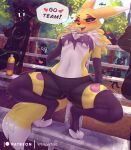  &lt;3 2021 3_toes anthro black_sclera bleachers blush breasts chest_tuft chips_(food) clothing conditional_dnp crouching detailed_background dialogue digimon digimon_(species) digital_media_(artwork) dipstick_tail english_text eyebrows feet female food fur gloves group hand_on_breast handwear hi_res legwear multicolored_tail navel one_eye_closed open_mouth outside owo park plant public renamon solo_focus speech_bubble spread_legs spreading text toes tree tuft whisperfoot 