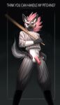  ambrose_stark anthro baseball_bat baseball_uniform bat_(object) clothed clothing dialogue digital_media_(artwork) english_text flaccid genital_piercing genitals grey_body hair hi_res holding_object hyaenid looking_at_viewer male mammal offering_self offering_to_viewer penis penis_piercing piercing pink_hair pinup pose presenting prince_albert_piercing pubes simple_background smile solo sportswear spotted_hyena talking_to_viewer text uniform vaalerie 
