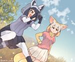  2girls animal_ears black_gloves black_hair black_legwear black_neckwear black_skirt blonde_hair blue_sweater bow bowtie brown_eyes camera commentary_request common_raccoon_(kemono_friends) elbow_gloves extra_ears eyebrows_visible_through_hair fang fennec_(kemono_friends) fox_ears fox_girl fox_tail fur_collar gloves grey_hair kemono_friends korean_commentary multicolored_hair multiple_girls nakta open_mouth pantyhose pink_sweater pleated_skirt puffy_short_sleeves puffy_sleeves raccoon_ears raccoon_girl raccoon_tail short_hair short_sleeves skirt sweater tail thighhighs two-tone_gloves two-tone_legwear white_fur white_gloves white_hair white_legwear white_skirt yellow_gloves yellow_legwear yellow_neckwear zettai_ryouiki 