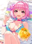  1girl :d ahoge bangs bare_arms bare_shoulders bikini blue_bikini blue_hair blurry blurry_background breasts chair choker cleavage commentary_request cup day depth_of_field eyebrows_visible_through_hair fang feet_out_of_frame flower food frilled_bikini frills hair_flower hair_ornament hand_up highres holding holding_cup holding_spoon idolmaster idolmaster_cinderella_girls knee_up large_breasts looking_at_viewer lounge_chair mango morikura_en multicolored_hair on_chair open_mouth outdoors pink_choker pink_eyes pink_hair purple_eyes purple_flower short_hair smile solo spoon swimsuit two-tone_hair yumemi_riamu 