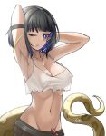  1girl absurdres arknights armpits arms_behind_head black_hair breasts cleavage eunectes_(arknights) groin highres large_breasts looking_at_viewer midriff navel one_eye_closed short_hair signature simple_background solo tail tank_top white_background white_tank_top z.m._(school913102) 