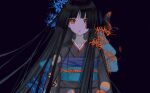  1girl bangs black_background black_hair black_kimono blunt_bangs bug butterfly closed_mouth enma_ai flower highres hime_cut houraisan_chouko insect japanese_clothes jigoku_shoujo kimono long_hair looking_at_viewer obi red_eyes sash spider_lily tears very_long_hair 