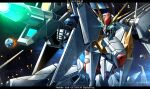  absurdres aqua_eyes beam_rifle character_name copyright_name energy_gun firing funnels glowing glowing_eyes gun gundam gundam_hathaway&#039;s_flash highres holding holding_gun holding_weapon mecha mobile_suit no_humans papa-kun_(destiny549-2) science_fiction solo v-fin weapon xi_gundam 