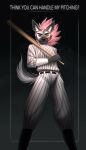  ambrose_stark anthro baseball_bat baseball_uniform bat_(object) clothed clothing dialogue digital_media_(artwork) english_text grey_body hair hi_res holding_object hyaenid looking_at_viewer male mammal pink_hair pinup pose simple_background smile solo sportswear spotted_hyena talking_to_viewer text uniform vaalerie 