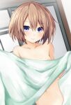  1girl blanc blue_eyes blush breasts brown_hair commentary_request covering covering_breasts hair_between_eyes hands_up indoors iwashi_dorobou_-r- looking_at_viewer medium_hair naked_towel navel neptune_(series) out-of-frame_censoring small_breasts smile solo towel 