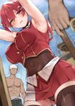  1girl armpits arms_behind_head arms_up bangs bare_shoulders black_legwear blue_sky blush breasts covered_navel hair_ribbon heterochromia highres hololive houshou_marine large_breasts long_hair looking_at_viewer naha78 open_mouth pirate_ship red_eyes red_hair red_ribbon red_skirt revision ribbon skirt sky solo_focus thighhighs twintails virtual_youtuber yellow_eyes 