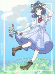  1girl alternate_costume animal_ears blue_dress blue_hair boots bow bowtie brown_eyes brown_footwear collared_shirt commentary_request common_raccoon_(kemono_friends) cross-laced_footwear dress extra_ears eyebrows_visible_through_hair flower grass hand_in_hair head_wreath holding holding_flower kemono_friends onlyarai puffy_short_sleeves puffy_sleeves raccoon_ears raccoon_tail red_neckwear shirt short_hair short_sleeves smile socks solo tail two-tone_dress white_legwear white_shirt 