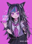 1girl :p bandages bangs black_hair black_nails black_skirt blue_hair blush character_name commentary_request danganronpa_(series) danganronpa_2:_goodbye_despair dated ear_piercing gloves hair_horns highres jewelry lip_piercing long_hair looking_at_viewer mameeekueya mioda_ibuki multicolored_hair necklace open_mouth piercing pink_background pink_eyes pink_hair puffy_short_sleeves puffy_sleeves ring sailor_collar school_uniform serafuku shirt short_sleeves single_glove skirt smile solo stitches tongue tongue_out white_hair 