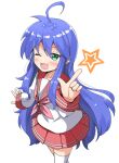  1girl :3 ;d ahoge aikawa_ryou bangs blue_hair blush collarbone commentary_request green_eyes hair_between_eyes highres index_finger_raised izumi_konata long_hair long_sleeves looking_at_viewer lucky_star mole mole_under_eye neckerchief one_eye_closed open_mouth pink_neckwear pleated_skirt ryouou_school_uniform sailor_collar school_uniform serafuku shirt simple_background skirt sleeves_past_wrists smile solo thighhighs very_long_hair white_background white_legwear white_shirt zettai_ryouiki 