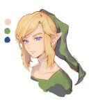  1boy clivenzu closed_mouth color_guide cropped_shoulders green_headwear green_shirt hat highres link looking_at_viewer male_focus pointy_ears portrait purple_eyes shirt short_hair sidelocks signature simple_background solo the_legend_of_zelda white_background 