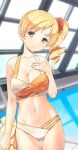  1girl alternate_hairstyle blonde_hair breasts cleavage collarbone commentary_request cowboy_shot drill_hair hair_ornament hair_scrunchie hand_on_own_chest indoors jewelry jiji large_breasts long_hair looking_at_viewer mahou_shoujo_madoka_magica navel pool red_scrunchie rei_no_pool ring scrunchie smile solo standing thigh_gap tomoe_mami wedding_band yellow_eyes 