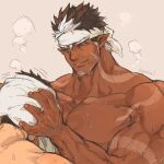  2boys bara beard brown_hair dark_skin dark_skinned_male facial_hair hands_on_another&#039;s_head large_pectorals looking_at_another male_focus master_3_(tokyo_houkago_summoners) mature_male multicolored_hair multiple_boys muscular muscular_male nude pectorals pmlial short_hair smile spiked_hair tangaroa tokyo_houkago_summoners towel towel_on_head two-tone_hair upper_body very_dark_skin wet white_hair wiping yaoi 