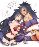  1boy 1girl alcohol animal_ears bare_shoulders black_hair blush breasts cat_ears cat_tail center_opening cleavage collarbone couple cropped_legs drunk folks_(nabokof) hair_over_one_eye hug japanese_clothes kemonomimi_mode leaning_on_person long_hair medium_breasts muscular muscular_male navel open_mouth orange_eyes rokurou_rangetsu sake short_shorts shorts simple_background speech_bubble strapless tail tales_of_(series) tales_of_berseria torn_clothes translation_request velvet_crowe very_long_hair yellow_eyes 