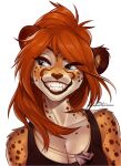  2021 anthro blue_eyes breasts brown_hair cheetah clothed clothing digital_media_(artwork) eyebrows eyelashes felid feline female furlana hair hi_res mammal simple_background smile solo teeth white_background 