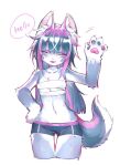  2021 4_fingers anthro belly bottomwear canid canine canis clothing cute_fangs ear_tuft english_text eyes_closed female fingers fluffy fluffy_tail fur gesture grey_body grey_fur grey_hair hair highlights_(coloring) hotpants kemono linmiu39 long_hair mammal multicolored_body multicolored_fur navel pawpads pink_highlights shorts simple_background solo text tuft two_tone_body two_tone_fur waving white_background white_body white_fur wolf 