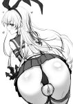  1girl anchor_hair_ornament artificial_vagina ass between_legs bow floating_heart gloves greyscale hair_bow hair_ornament heart kantai_collection long_hair looking_back monochrome partially_visible_anus sex_toy shimakaze_(kancolle) signature skirt striped striped_legwear thighhighs thong yapo_(croquis_side) 