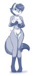  4_fingers 4_toes anthro apron apron_only blue_and_white breasts clothed clothing digital_media_(artwork) eyebrows eyelashes feet female fingers fur grey_body grey_fur infinitedge2u monochrome mostly_nude smile solo standing toes 
