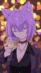  absurdres ahoge animal_ears cat_ears cross cross_necklace cup drinking_glass edwarddeputra42 formal highres hololive jewelry necklace nekomata_okayu one_eye_closed purple_eyes purple_hair smile suit virtual_youtuber wine_glass 