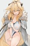 1girl animal_ear_fluff animal_ears arknights bangs blemishine_(arknights) blonde_hair blush breasts breasts_apart coat coat_on_shoulders collarbone competition_swimsuit cosplay covered_navel covered_nipples covering covering_crotch cowboy_shot ears_down embarrassed eyebrows_visible_through_hair fur_collar grey_coat groin hair_between_eyes hair_ornament hand_on_breast highres horse_ears horse_girl horse_tail large_breasts long_coat long_hair looking_at_viewer mikojin nearl_(arknights) nearl_(arknights)_(cosplay) nearl_(shimmering_dew)_(arknights) one-piece_swimsuit open_mouth orange_eyes pubic_hair pubic_hair_peek sidelocks simple_background skin_tight sleeveless solo standing sweat swimsuit tail thighs white_background 