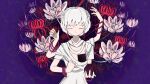  1girl arm_up bangs blue_background bracelet breasts closed_eyes closed_mouth dress earrings extra_arms flower holding jewelry lotus neruzou original pose short_hair short_sleeves small_breasts solo spider_lily upper_body white_dress white_hair 