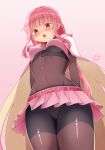  1girl absurdres arms_behind_back belt bike_shorts black_legwear black_shirt black_shorts blush bodystocking breasts cloak from_below groin highres hood long_hair looking_down magia_record:_mahou_shoujo_madoka_magica_gaiden mahou_shoujo_madoka_magica miniskirt navel open_mouth pantyhose pink_background pink_eyes pink_hair pink_skirt ponytail rea224 shirt shorts shorts_under_skirt simple_background skirt solo tamaki_iroha thighs white_cloak 