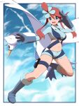  1girl :d absurdres bangs blue_eyes blue_footwear blue_gloves blue_jacket blue_shorts boots border breasts commentary cropped_jacket full_body gen_5_pokemon gloves gym_leader hair_between_eyes hair_ornament hand_up highres jacket looking_at_viewer midriff navel one_side_up open_mouth outside_border outstretched_arm pokemon pokemon_(creature) pokemon_(game) pokemon_bw red_hair shabana_may shiny shiny_skin short_hair_with_long_locks short_shorts shorts sidelocks skyla_(pokemon) smile spread_legs swanna thigh_pouch tied_hair tongue turtleneck upper_teeth white_border 