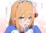  1girl after_fellatio blue_eyes blush cum cum_in_mouth cum_on_tongue dorontabi gloves hair_between_eyes hair_ribbon heart heart_in_eye highres long_hair looking_at_viewer open_mouth orange_hair pecorine_(princess_connect!) princess_connect! princess_connect!_re:dive red_neckwear red_ribbon ribbon solo symbol_in_eye tiara translation_request white_gloves 