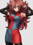  1girl android_21 armpits blue_eyes breasts checkered checkered_dress closed_mouth dragon_ball dragon_ball_fighterz dress earrings glasses grey_background hoop_earrings jewelry kemachiku large_breasts long_hair looking_at_viewer red_hair simple_background solo 