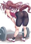  1girl animal_ears ass barbell bent_over bike_shorts blue_eyes brown_hair commentary_request hairband high_ponytail highres horse_ears horse_girl horse_tail long_hair looking_at_viewer looking_back mihono_bourbon_(umamusume) muscular muscular_female sakazuki_sudama simple_background sleeveless solo sweat tail umamusume white_background 