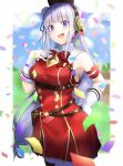  1girl :d absurdres armband armpits bangs belt_pouch blunt_bangs blurry blurry_background blush border bow bowtie breasts confetti cosplay cowboy_shot crossover dress emilia_(re:zero) eyebrows_visible_through_hair flower gloves gold_ship_(umamusume) gold_ship_(umamusume)_(cosplay) hair_flower hair_ornament hand_on_hip hand_on_own_chest highres huge_filesize long_hair looking_at_viewer low-tied_long_hair m.tokotsu medium_breasts open_mouth pillbox_hat pouch purple_eyes re:zero_kara_hajimeru_isekai_seikatsu red_dress red_neckwear sidelocks silver_hair sleeveless sleeveless_dress smile solo standing umamusume underbust upper_teeth very_long_hair white_border white_gloves white_legwear 