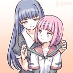  2girls artist_name blue_hair blush braid gradient gradient_background long_hair low_ponytail magia_record:_mahou_shoujo_madoka_magica_gaiden mahou_shoujo_madoka_magica multiple_girls nanami_yachiyo pink_hair school_uniform serafuku smile studiozombie tamaki_iroha untying upper_body yuri 