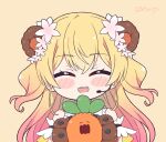  1girl ^_^ animal_ears arm_garter bear_ears bear_girl bear_paws blonde_hair blush_stickers chibi closed_eyes commentary english_commentary facing_viewer fang frilled_shirt frills gloves gradient_hair green_eyes headset hololive kukie-nyan long_hair momosuzu_nene multicolored_hair nekko_(momosuzu_nene) open_mouth paw_gloves paws pink_hair shirt sleeveless sleeveless_shirt smile solo twitter_username two_side_up virtual_youtuber |d 