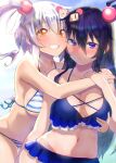  2girls ^_^ amo_takumi bangs bikini bikini_skirt black_bomberman black_hair blue_bikini blush bombergirl bomberman breast_grab breasts cheek-to-cheek cleavage closed_eyes closed_mouth collarbone ear_blush eyebrows_visible_through_hair frilled_bikini frills frown grabbing grabbing_from_behind grin groin hair_between_eyes hair_ornament hand_on_shoulder highres kuro_(bombergirl) large_breasts leaning_forward long_hair looking_at_viewer midriff multiple_girls navel one_eye_closed orange_eyes purple_eyes shiro_(bombergirl) shirt_overhang side_ponytail sidelocks smile string_bikini striped striped_bikini sunlight sweatdrop swimsuit teeth white_bikini white_bomberman white_hair wide_hips yuri 