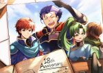  1girl 3boys ahoge anniversary arm_up armor bangs blue_eyes blue_hair blue_sky breasts brown_hair cape closed_eyes closed_mouth cloud cloudy_sky commentary_request day earrings eliwood_(fire_emblem) fingerless_gloves fire_emblem fire_emblem:_the_blazing_blade gauntlets gloves green_cape green_eyes green_hair hair_between_eyes hair_ornament hector_(fire_emblem) high_ponytail highres jewelry long_hair lyn_(fire_emblem) mark_(fire_emblem:_the_blazing_blade) medium_breasts multiple_boys nakabayashi_zun open_mouth outdoors photo_(object) ponytail red_hair short_hair short_sleeves shoulder_armor sky tiara tied_hair turtleneck upper_body 