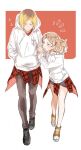  1boy 1girl :o alternate_costume artist_request bad_id bad_pixiv_id bare_legs black_pants blonde_hair brown_hair closed_mouth clothes_around_waist collarbone embarrassed full_body haikyuu!! hands_in_pocket height_difference holding_another&#039;s_arm hood hood_down hoodie kozume_kenma long_hair long_sleeves looking_at_another multicolored_hair pants plaid plaid_shirt shirt shoes short_hair short_shorts shorts sneakers twintails two-tone_background two-tone_hair walking white_hoodie yamamoto_akane 