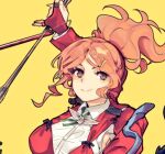  1girl aquila_(kancolle) bitchcraft123 collared_shirt commentary_request hair_ornament hairclip high_ponytail jacket kantai_collection korean_commentary long_hair looking_at_viewer orange_hair red_jacket shirt simple_background smile solo wavy_hair white_shirt yellow_background yellow_eyes 
