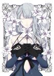  1girl asymmetrical_hair bandaged_arm bandages black_gloves braid breasts chikage_(blackclownery) cleavage closed_eyes closed_mouth flower gloves hands_together highres kaine_(nier) lingerie lunar_tear nier nier_(series) solo underwear upper_body 