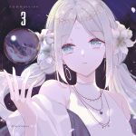  1girl artist_name blue_eyes commission crescent dark_background facial_mark fantasy flower forehead_mark hair_flower hair_ornament hand_up jewelry long_hair necklace orb original pale_skin reflection sleeveless twintails upper_body white_hair yuizayomiya 