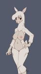  2021 5_fingers ajin alpaca anthro big_breasts blue_background breasts camelid female fingers front_view fur genitals grey_body grey_fur hand_on_hip hi_res humanoid_hands looking_away mammal nipples nude pink_inner_ear pink_nipples pink_nose pussy red_eyes short_tail simple_background smile solo standing thick_thighs wide_hips wool_(fur) 