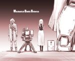  1girl 3others coat commentary dress gradient gradient_background gun highres hooded_coat humanoid_robot ishiyumi long_dress mechanical_buddy_universe monochrome multiple_others overcoat rifle robot science_fiction sepia shoes sniper_rifle submachine_gun title_page weapon 