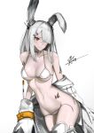  1girl animal_ears arknights bangs bare_shoulders bikini blush breasts bunny_ears chaciooh cleavage closed_mouth collarbone commentary_request cowboy_shot frostnova_(arknights) groin hair_ornament hair_over_one_eye hairclip highres jacket large_breasts long_hair looking_at_viewer navel off_shoulder open_bikini open_clothes oripathy_lesion_(arknights) pale_skin rabbit_girl red_eyes revision scar silver_hair simple_background solo stomach string_bikini swimsuit thighhighs white_background white_bikini white_jacket white_legwear 