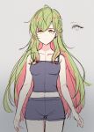  1girl bangs bare_arms bare_shoulders black_camisole black_shorts braid breasts camisole closed_mouth eyebrows_visible_through_hair green_eyes green_hair grey_background hair_between_eyes highres long_hair looking_at_viewer meito_(maze) midriff morinaka_kazaki multicolored_hair navel nijisanji red_hair short_shorts shorts simple_background small_breasts solo standing thigh_gap two-tone_hair very_long_hair virtual_youtuber 