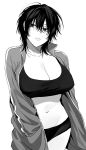  1girl bad_id bad_pawoo_id bra breasts cleavage closed_mouth cowboy_shot greyscale highres jacket large_breasts little_mare looking_at_viewer medium_hair messy_hair monochrome navel original panties simple_background solo track_jacket underwear white_background 