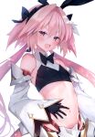  1boy absurdres astolfo_(fate) astolfo_(saber)_(fate) bangs black_bow black_gloves black_ribbon blush bow bowtie fate/grand_order fate_(series) gloves hair_between_eyes hair_bow hair_intakes hair_ribbon highres long_hair long_sleeves looking_at_viewer male_focus multicolored_hair navel otoko_no_ko pink_hair red_eyes ribbon smile solo streaked_hair suzuho_hotaru twintails white_hair 