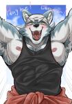  anthro armpit_hair body_hair bottomwear canid canine canis clothing fur headgear headwear hi_res kemono koginoro_28 looking_at_viewer male mammal muscular muscular_anthro muscular_male nipples pecs shirt simple_background solo tank_top topwear wolf 