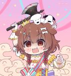  1girl :3 :d animal_ears axe bangs battle_axe blood blood_on_face bloody_clothes bloody_hands bloody_weapon blush_stickers bone_hair_ornament braid brown_eyes brown_hair chibi commentary creature detached_sleeves dog dog_ears dog_girl dress empty_eyes english_commentary fan fangs futo-inu gloves hair_between_eyes hair_ornament hairclip heart heart_hair_ornament highres holding holding_axe holding_weapon hololive hoso-inu inugami_korone kukie-nyan listener_(inugami_korone) long_hair low_twin_braids official_alternate_costume open_mouth puffy_short_sleeves puffy_sleeves shaded_face short_sleeves smile solo twin_braids twitter_username underbust upper_body virtual_youtuber weapon white_dress white_gloves yandere 