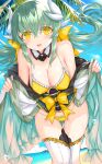  1girl ass_visible_through_thighs bangs bare_shoulders beach bikini blue_sky blush bow breasts cleavage collarbone commentary_request day detached_collar eyebrows_visible_through_hair fate/grand_order fate_(series) frilled_bikini frills green_hair hair_between_eyes hair_bow highres horns japanese_clothes kimono kiyohime_(fate) large_breasts long_hair long_sleeves looking_at_viewer morizono_shiki off_shoulder open_mouth outdoors palm_tree ponytail reward_available skirt sky smile solo swimsuit thigh_gap thighhighs tongue tree twintails wet white_legwear yellow_bikini yellow_bow yellow_eyes 