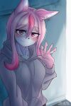  2020 2:3 5_fingers anthro black_bottomwear black_clothing black_nose blush bottomwear brand_new_animal breasts canid canine claws clothed clothing eyebrow_through_hair eyebrows female fingers fox fur gesture gm_laz hair hi_res hoodie inner_ear_fluff long_hair looking_at_viewer mammal nazuna_hiwatashi pink_body pink_fur pink_hair smile solo studio_trigger topwear translucent translucent_hair tuft waving white_body white_fur 
